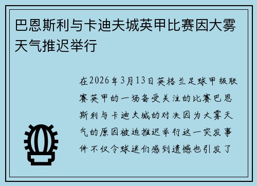 巴恩斯利与卡迪夫城英甲比赛因大雾天气推迟举行